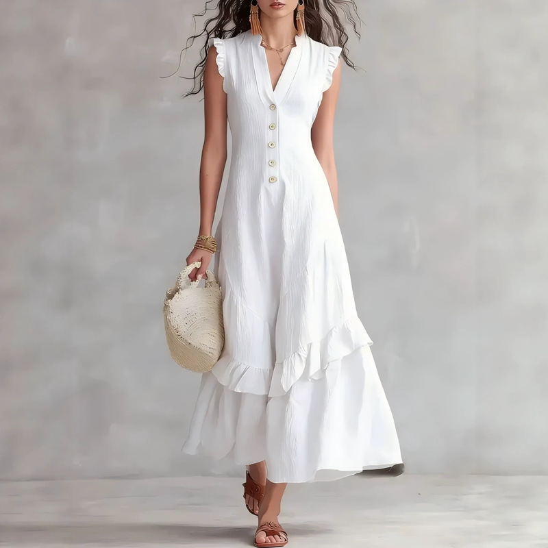 V Vintage Fashion - เดรสผ้าฝ้ายลินินทรงหลวมสำหรับผู้หญิง ดีไซน์หรูหรา แต่งระบาย จับจีบ ติดกระดุม ยาว