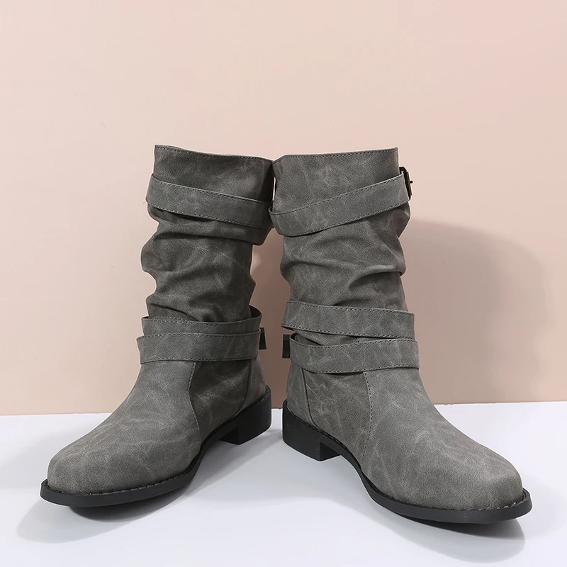 Vintage Fashion Rome - บูทเดี่ยวของผู้หญิงรองเท้าบูตหนังวัวหัวเข็มขัดแบบวินเทจใหม่ Bot modis กันลื่นเพิ่มความสูงแบบลำลอง