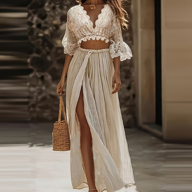 V Vintage Fashion - ชุดเซ็ต 2 ชิ้น เสื้อคอวีแขนบานแต่งลูกไม้ปักลายฉลุ พร้อมกระโปรงยาวทรงเอ สไตล์แฟชั่นเก๋ไก๋สำหรับผู้หญิง