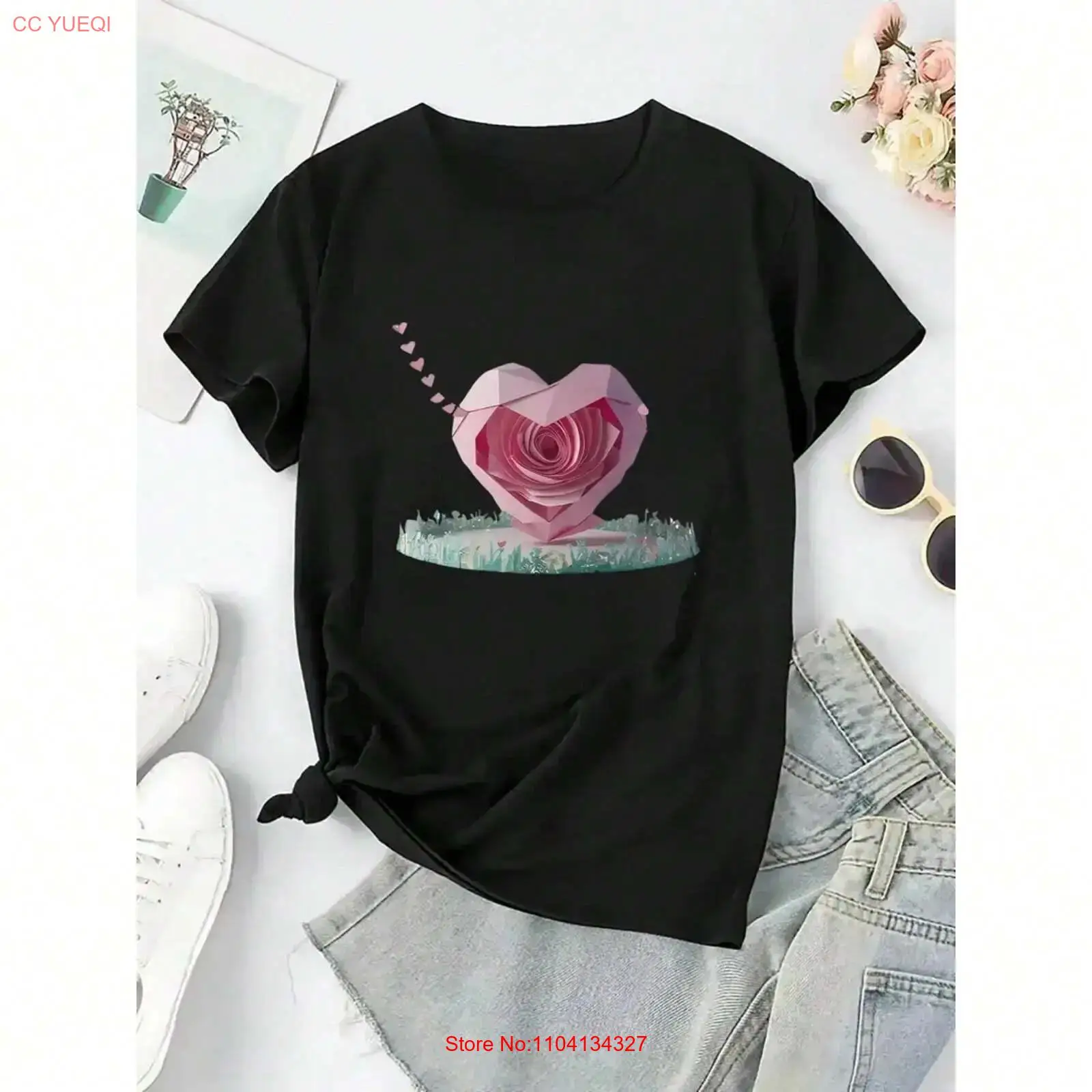 Vintage Fashion Patterns - เสื้อยืดแฟชั่นผู้หญิงลายดอกโอริกามิรูปหัวใจ พิมพ์ลายวินเทจ ซักแล้ว ยืดได้ ใส่ได้ทั้งชายและหญิง สไตล์สตรีทแวร์เล็กน้อย