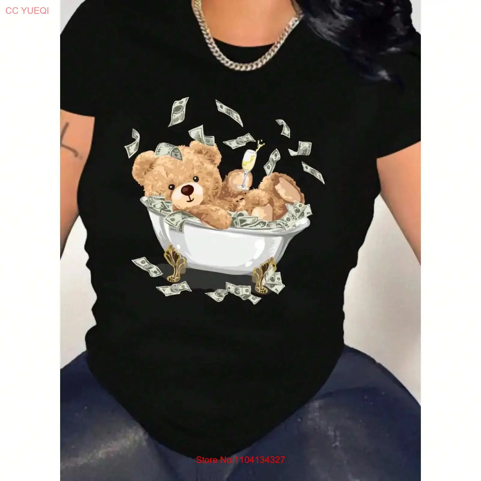 Vintage Fashion Patterns - เสื้อยืดผ้าฝ้ายพิมพ์ลายแฟชั่น Dollar Bear สำหรับผู้หญิง สวมใส่สบาย สไตล์วินเทจ