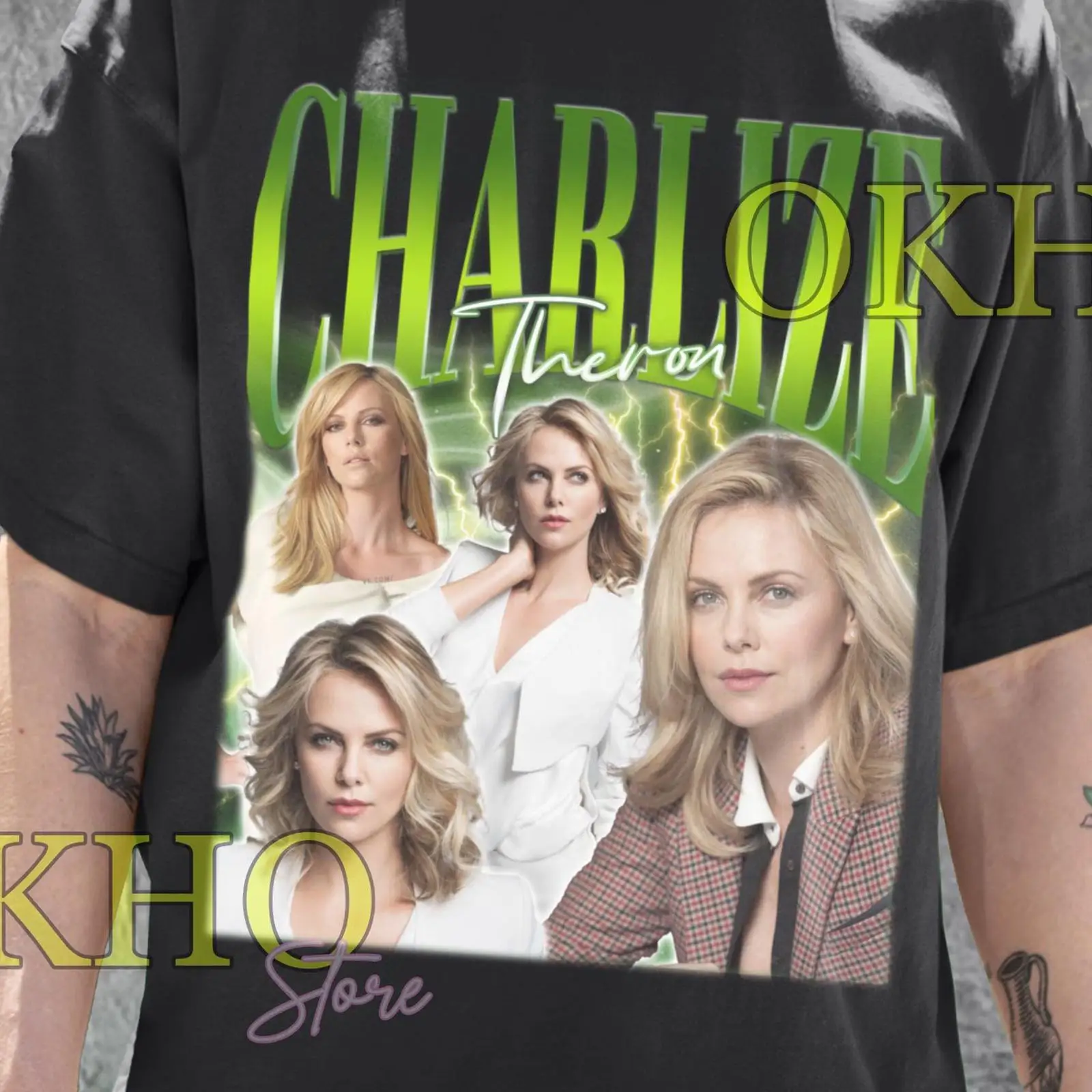 Vintage Fashion Collage - เสื้อยืดคอลลาจ Charlize Theron สไตล์วินเทจ ลุคแฟชั่นแบบล้างสี ทรงพอดีตัว