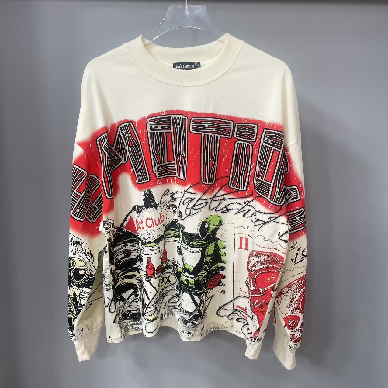 Vintage Fashion Design - เสื้อยืดแขนยาวดีไซน์เนอร์คุณภาพสูง MIXED-EMOTION ผ้าฝ้าย 100% สำหรับผู้ชายและผู้หญิง ลายพิมพ์วินเทจและประดับคริสตัล