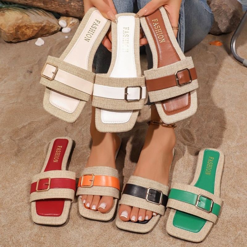 Vintage Fashion Rome - รองเท้าแตะสตรีแบบเปิดหัวทรงเหลี่ยมพร้อมสายรัดหัวเข็มขัดตกแต่ง รุ่นใหม่สำหรับฤดูร้อน สไตล์วินเทจ น้ำหนักเบาและทันสมัย