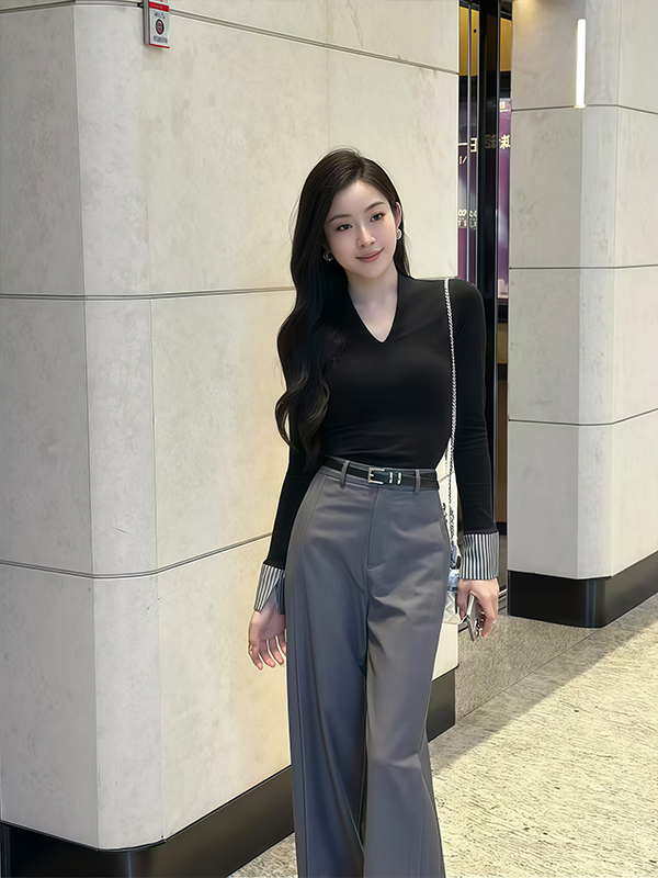 V Vintage Fashion - เสื้อยืดคอวีลายทางสไตล์วินเทจ Spicy Girl ชุดแฟชั่นฤดูใบไม้ผลิสำหรับผู้หญิง พร้อมกางเกงขายาวทรงกระบอก ชุดเสื้อแขนยาว