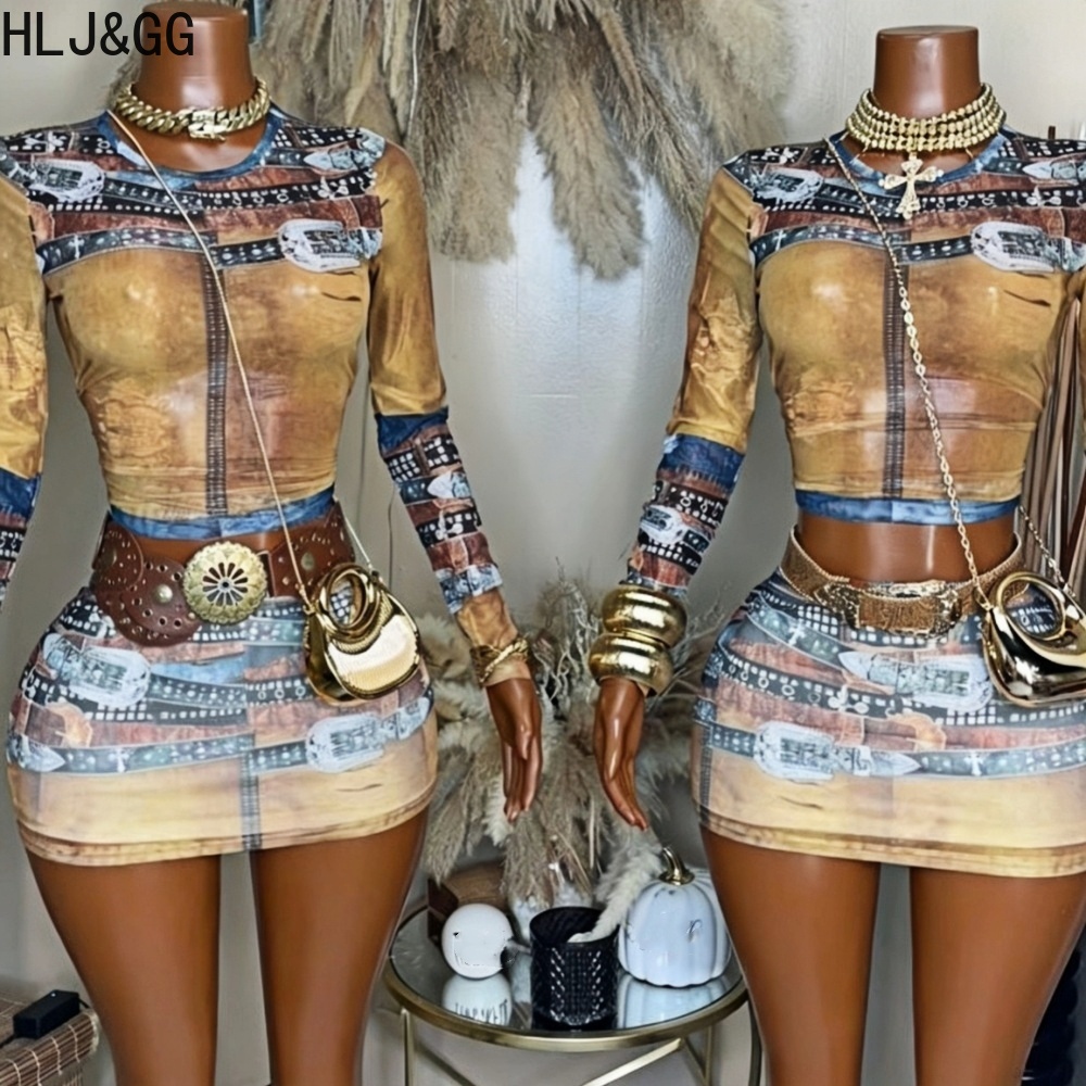 Vintage Fashion Patterns - HLJ&GG แฟชั่นลายวินเทจพิมพ์ลายตาข่ายสองชิ้นชุดผู้หญิงคอกลมแขนยาวเสื้อครอปและกระโปรงมินิชุดสตรีทแวร์