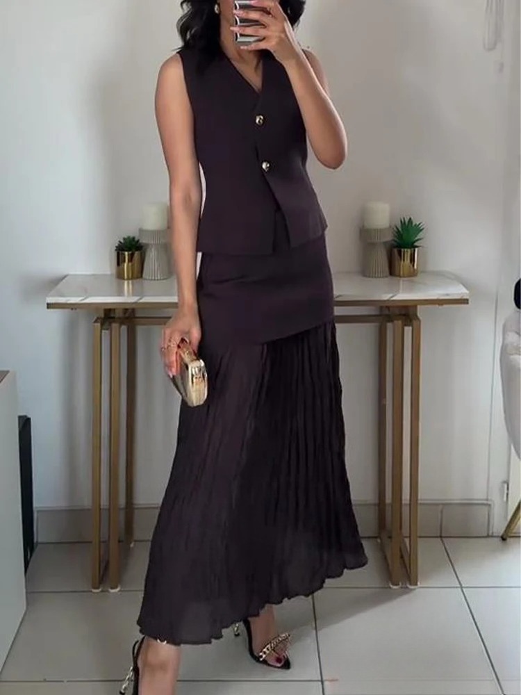 V Vintage Fashion - ชุดถักนิตติ้งสไตล์วินเทจสำหรับผู้หญิง คอวี เสื้อแขนกุด กระโปรงยาวทรงตรงต่อผ้า แฟชั่นฤดูใบไม้ผลิ 2025